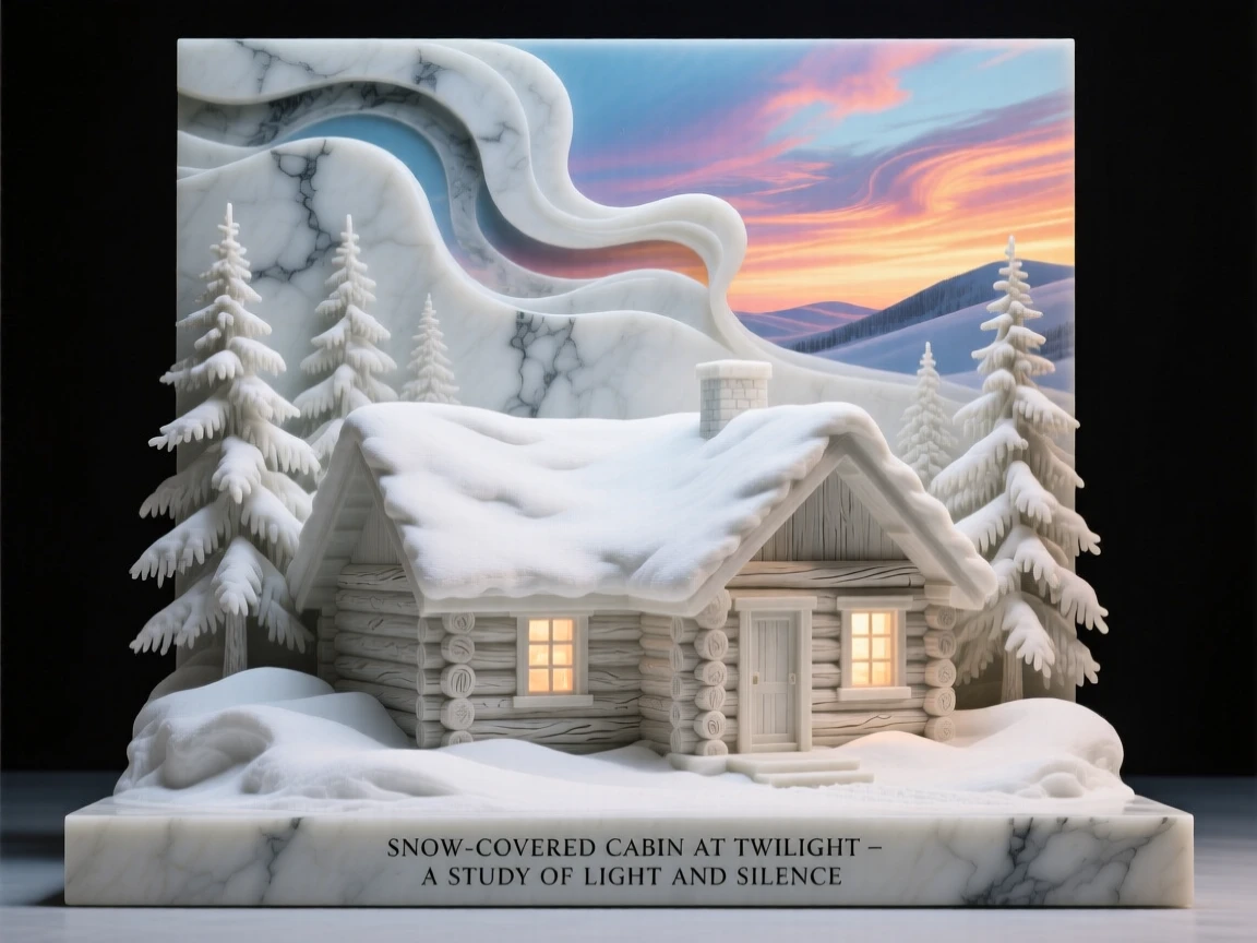 An evocative depiction of a snow-covered cabin glowing with warm light, under a brilliant, colorful sky, balancing detail with emotional depth
