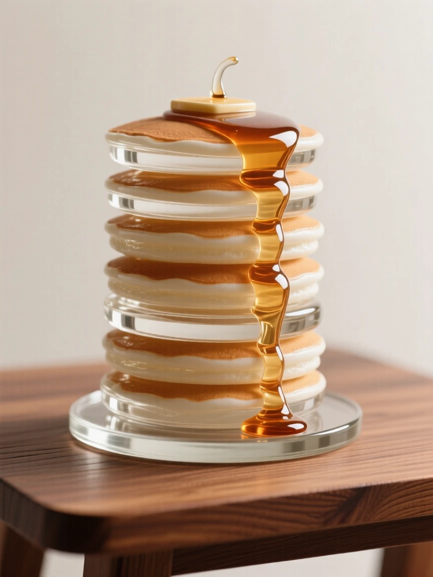 A towering stack of pancakes drizzled with syrup on a rustic wooden table set for breakfast, while the scent of fresh baking fills the room