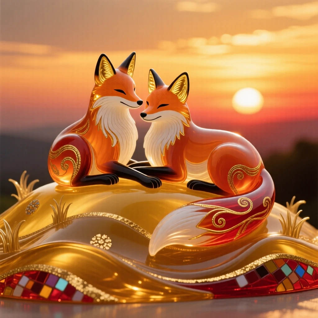 A pair of foxes resting together atop a golden hillside at the height of sunset, cozy and serene.