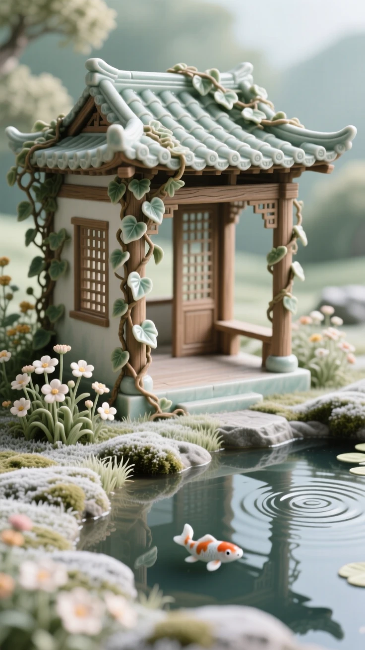 A garden pavilion beside a koi pond rising quietly above a still landscape, surrounded by climbing ivy and wildflowers, capturing the romance of a bygone era.