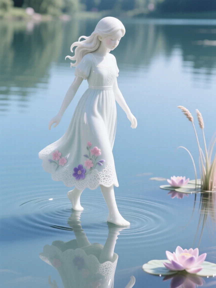 A dreamlike scene of a girl walking on the surface of a still, mirrored lake, blending quiet realism with pure wonder.
