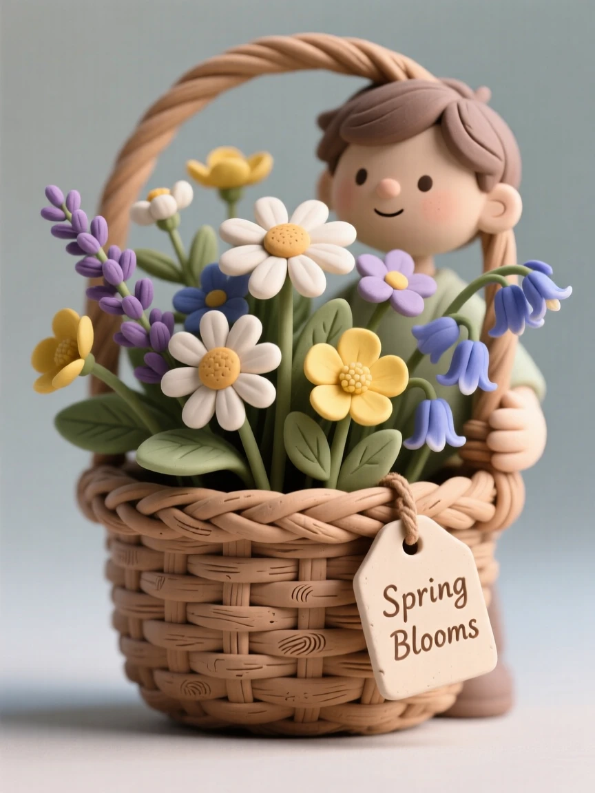 A springtime wildflower bouquet gathered in a woven basket