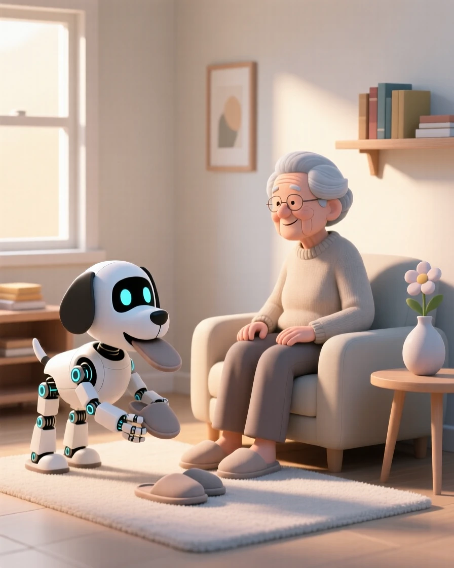 A cheerful robotic dog fetches slippers for its elderly owner inside a cozy, sunlit living room.