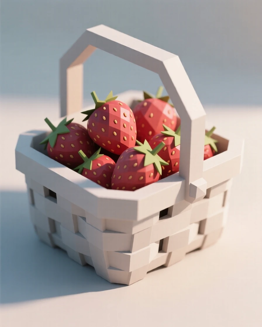 A basket of freshly picked strawberries, in soft morning light. vibrant colors are enhanced by careful arrangement. There is an inviting, homey atmosphere.