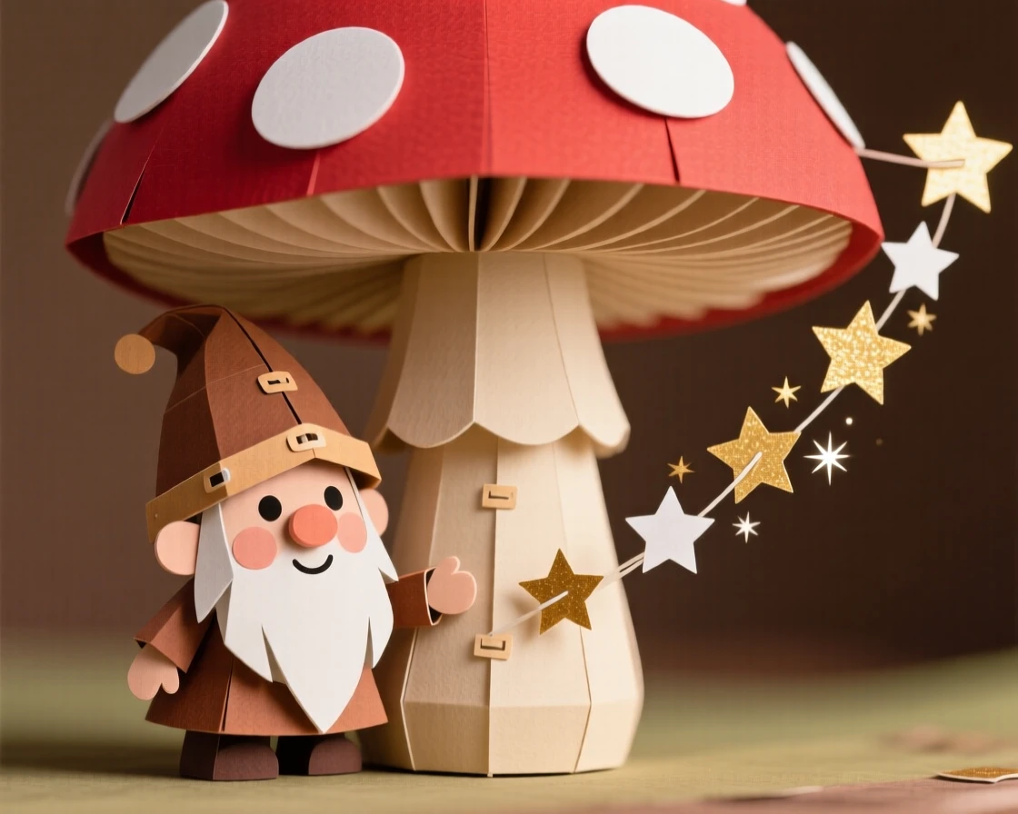 A tiny acorn-capped gnome peeking out from behind a giant mushroom, with tiny sparkles trailing behind it, conveying playful, heartwarming delight.