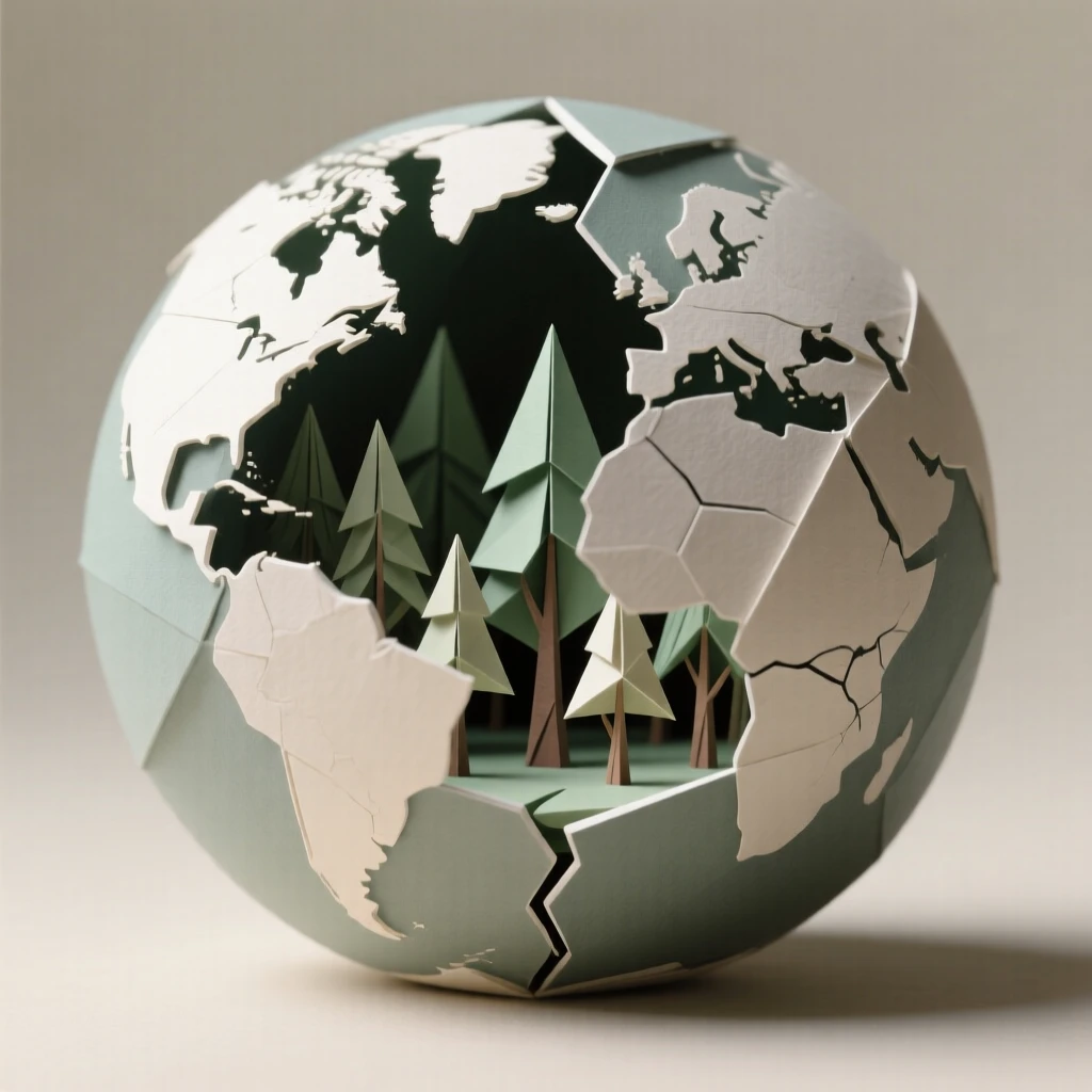 A globe cracked open to reveal a miniature forest growing inside.