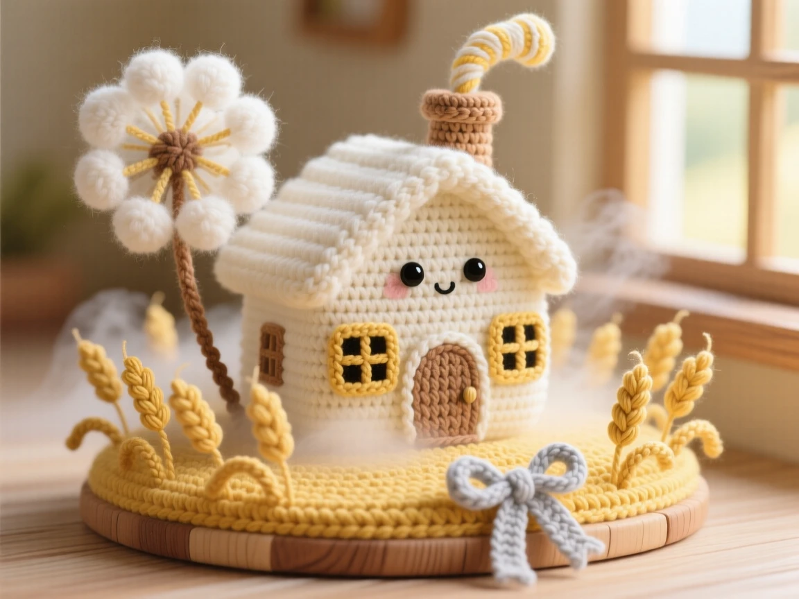 An imaginative scene of a small floating farmhouse carried by a giant dandelion puff with a tiny curling chimney, drifting above a golden wheat field resting on a warm sunlit windowsill; a small ribbon of drifting mist nearby, full of cozy, whimsical enchantment.