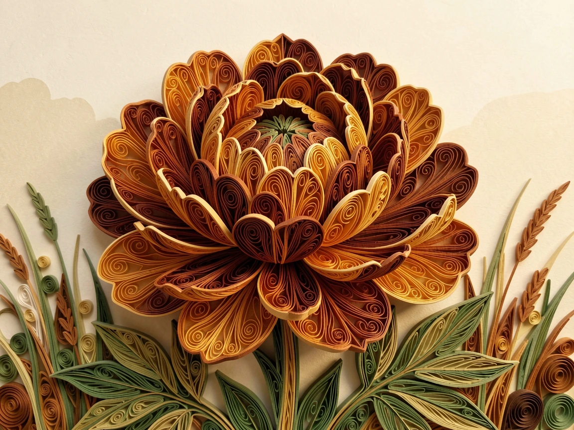 a single peony in full, ruffled bloom, in a quiet countryside meadow at sunrise, spread across the frame in a lush, full composition, in warm autumn hues of amber and rust.