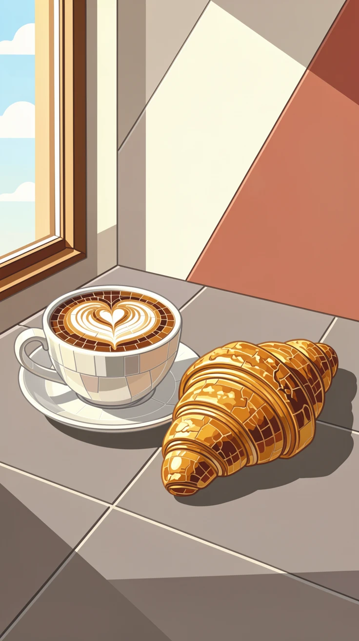 A cup of latte art coffee beside a fresh croissant on a cafe table, styled beautifully with warm natural window light.