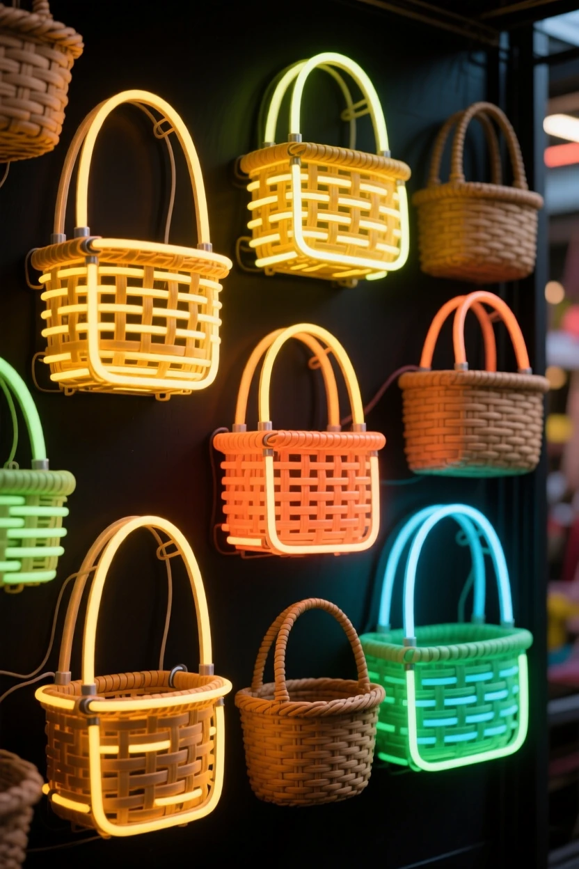 A display of woven baskets used as handbags at a market stall.