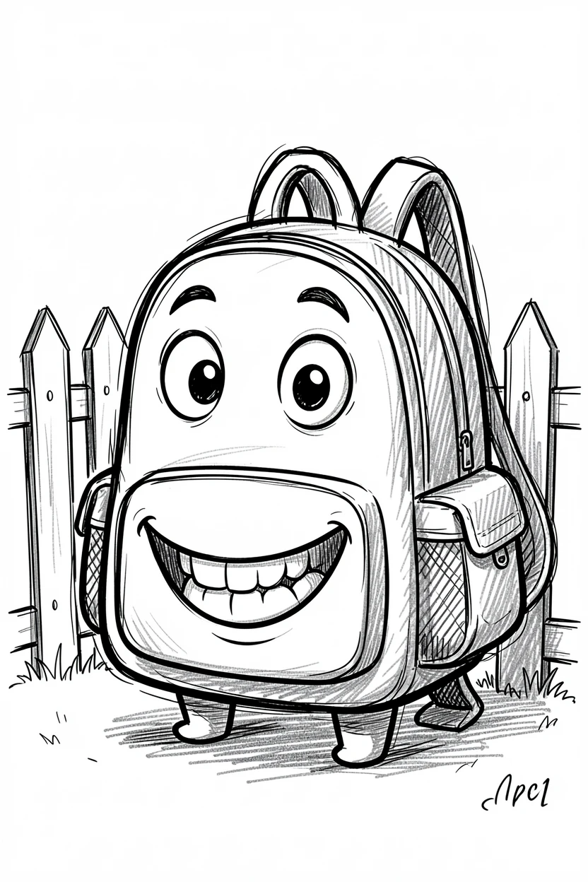 A backpack stuffed full and grinning at the start of a school day against a picket fence.