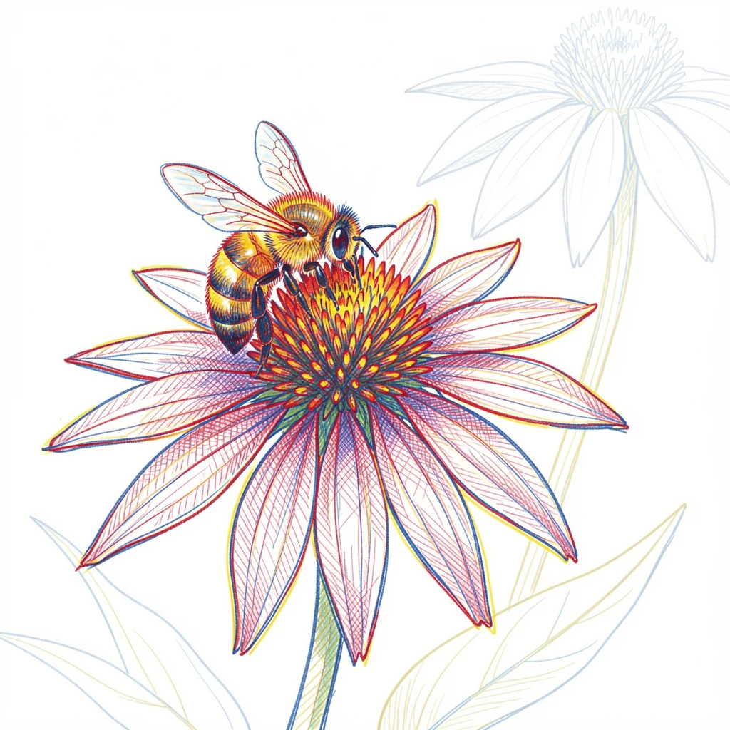 A close-up of a bee gathering pollen from a vivid purple coneflower