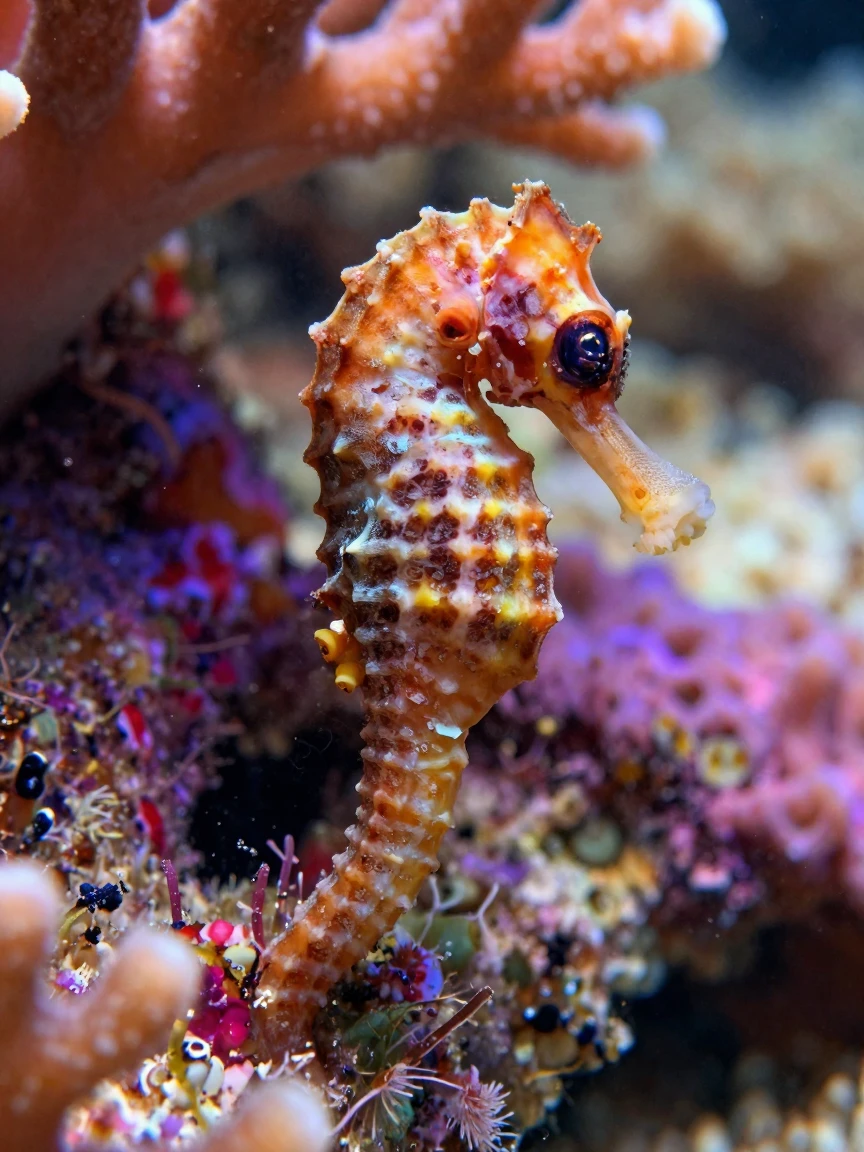 A close-up of a seahorse clinging to coral