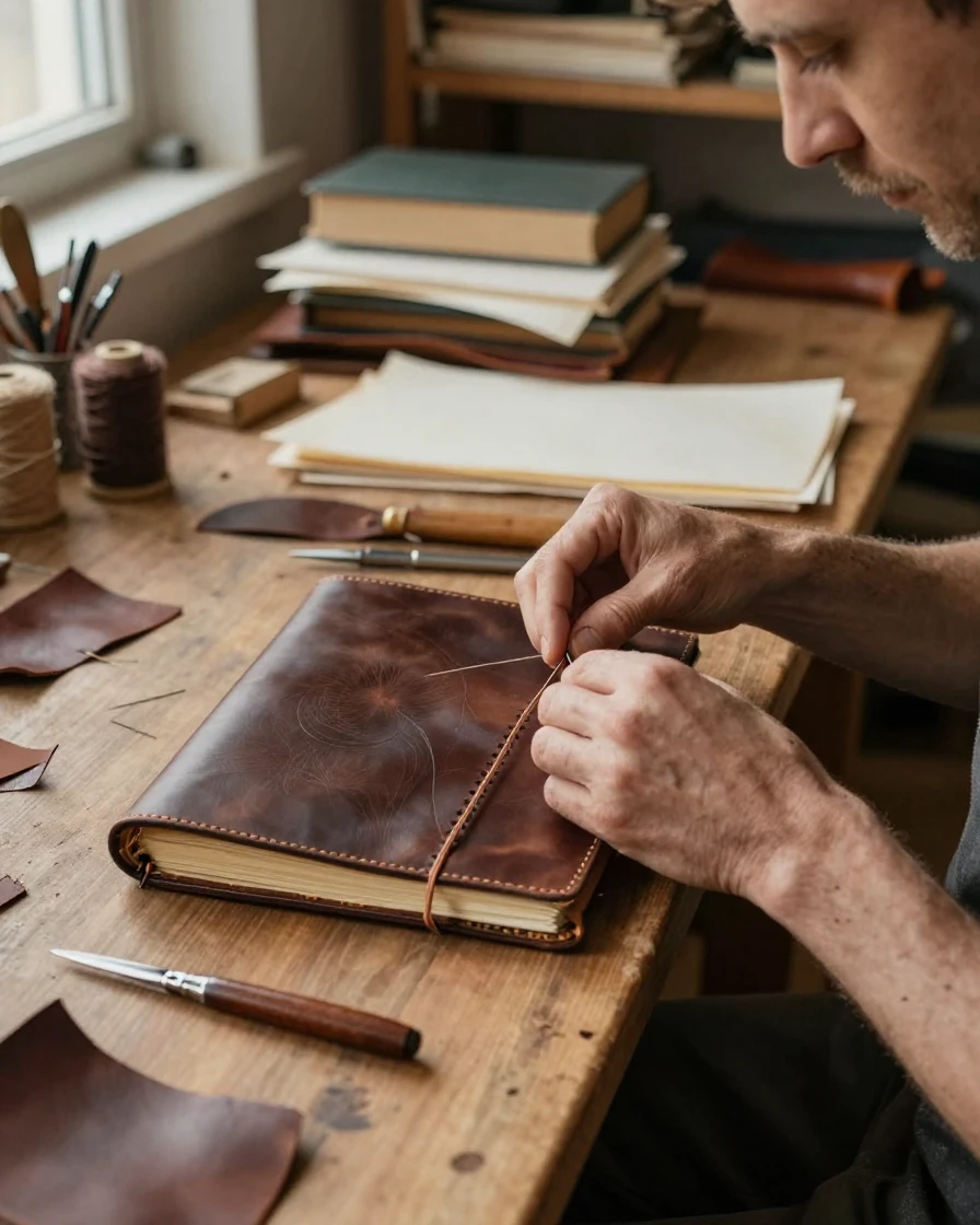 A bookbinder stitches the spine of a leather-bound journal by hand.