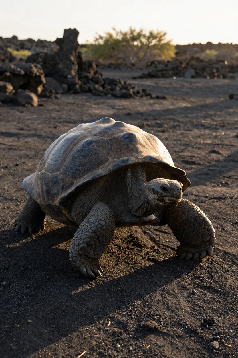 A giant tortoise slowly making its way across volcanic sand on a remote island