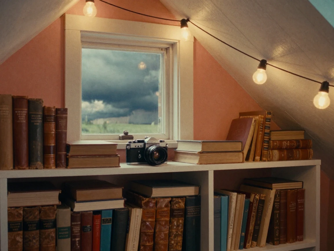 A cozy attic study lined with worn leather-bound books, under strings of warm string lights, under a darkening storm sky, during the long days of summer, in vivid coral and turquoise hues, in a tight close-up.