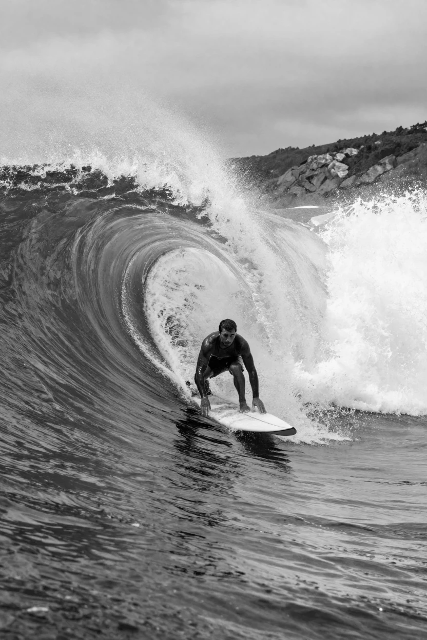A surfer paddles into a massive curling wave at a remote surf break.