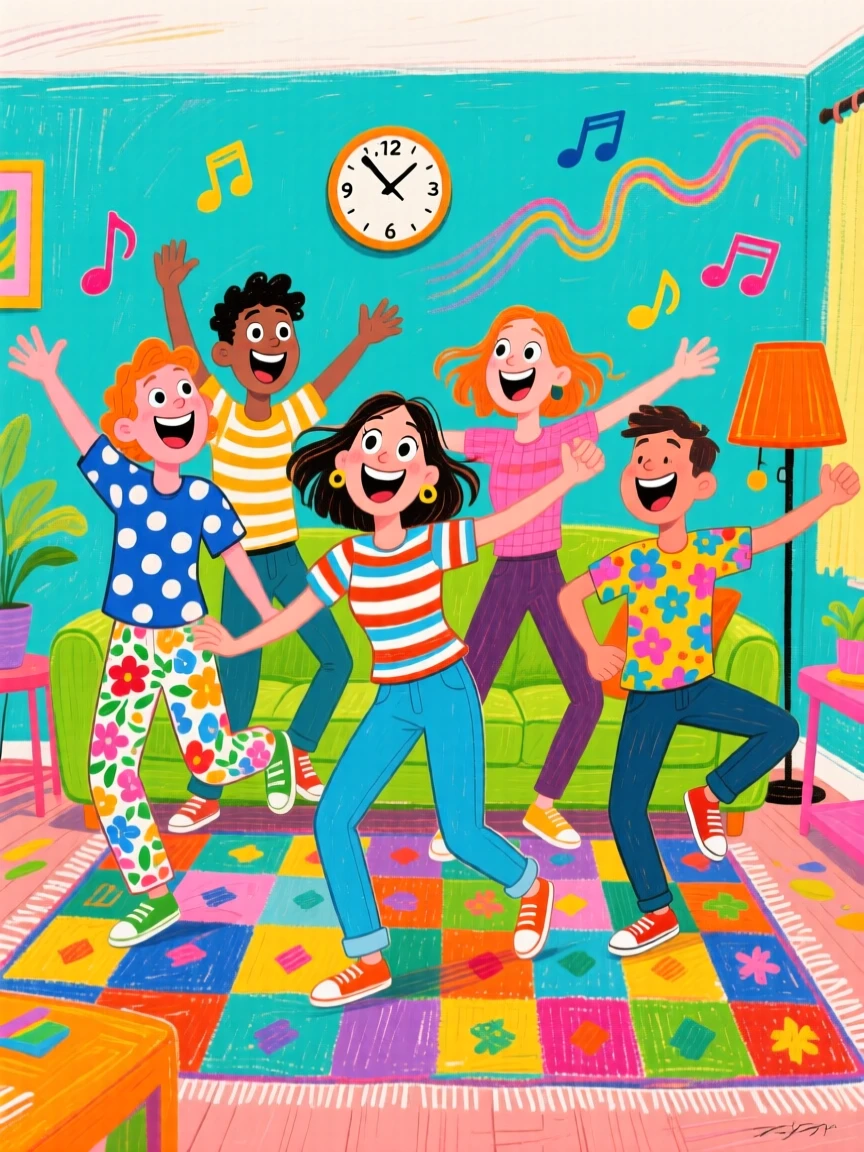 A group of friends creating a synchronized dance video in a colorful living room.