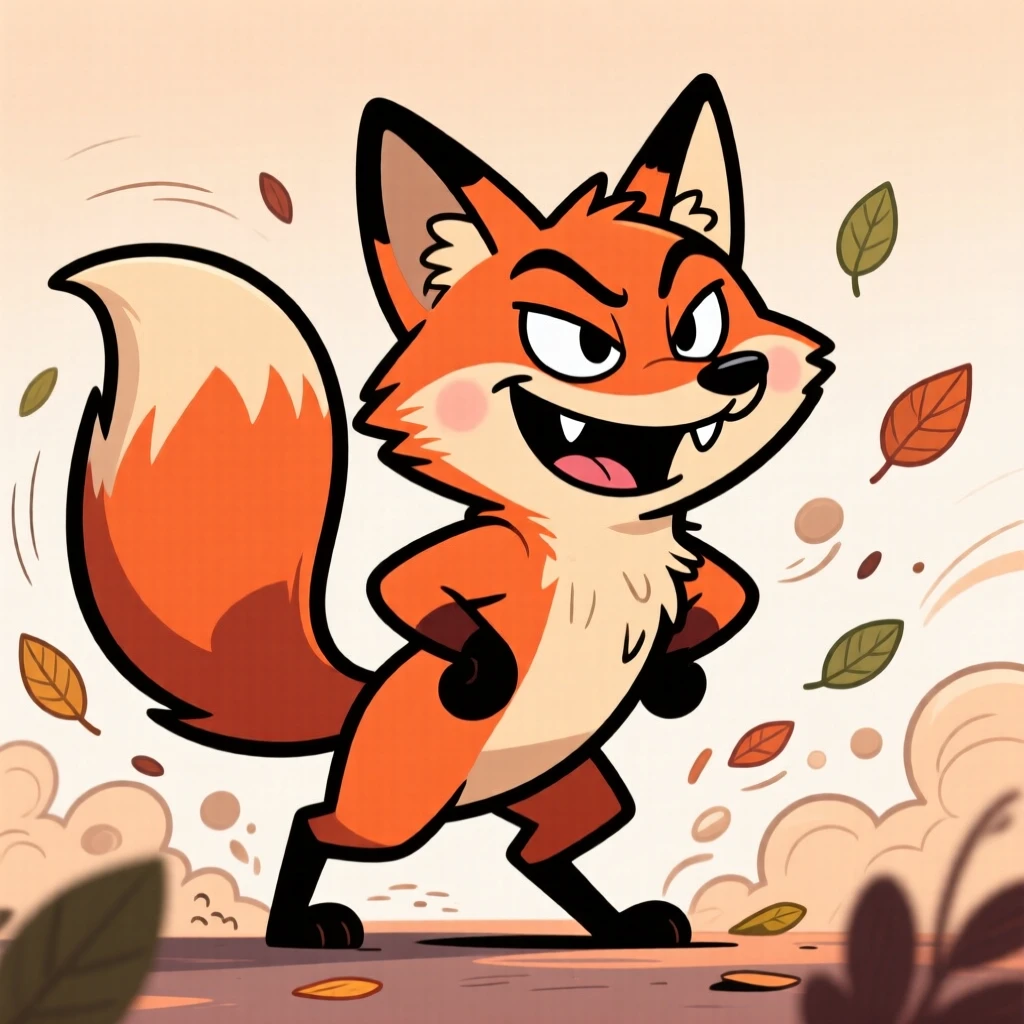 A charming animal moment featuring a sly fox puffing up proudly to look twice its size, as leaves and dust scatter around it.