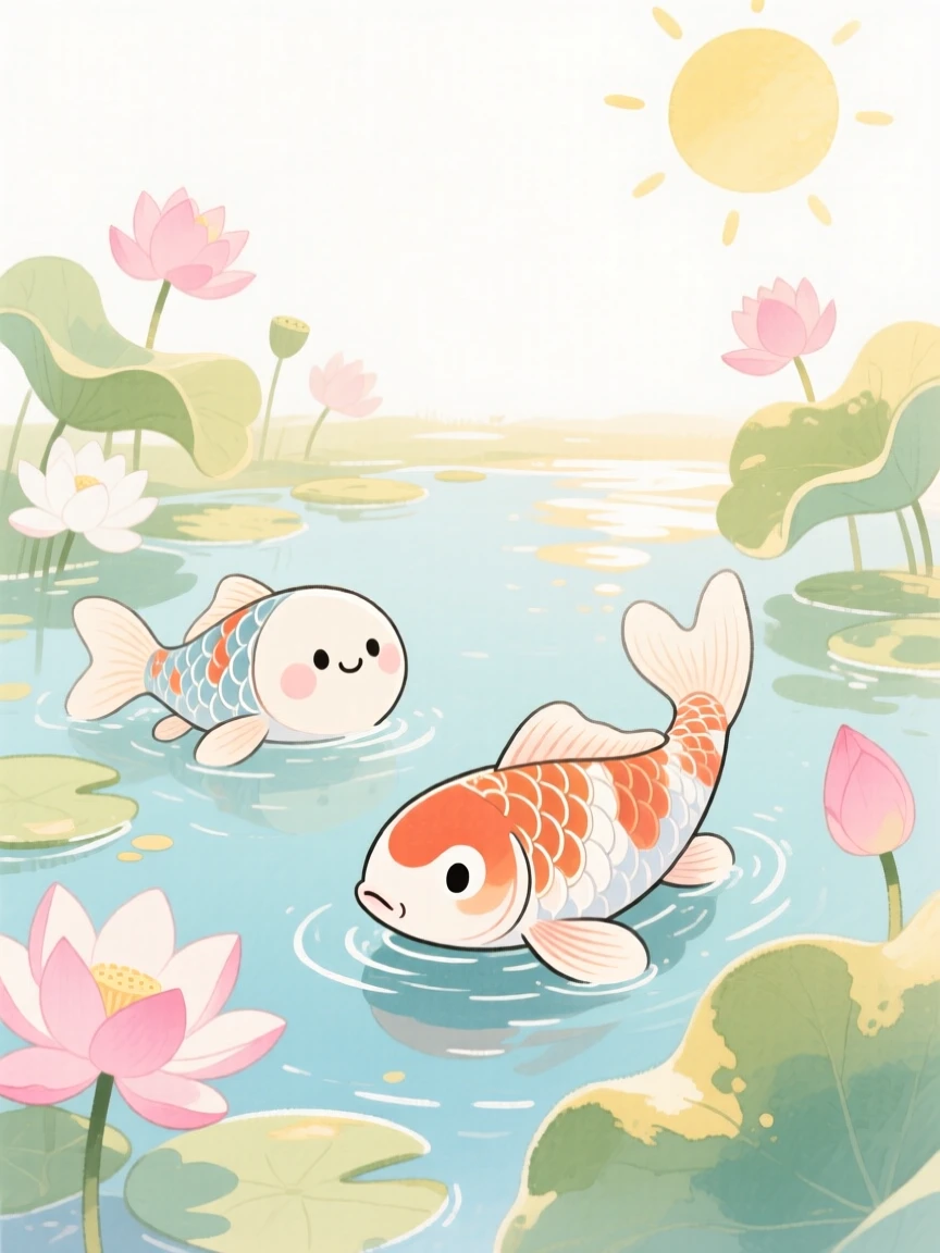 A serene landscape of a peaceful koi pond surrounded by blooming lotus flowers bathed in warm afternoon sun