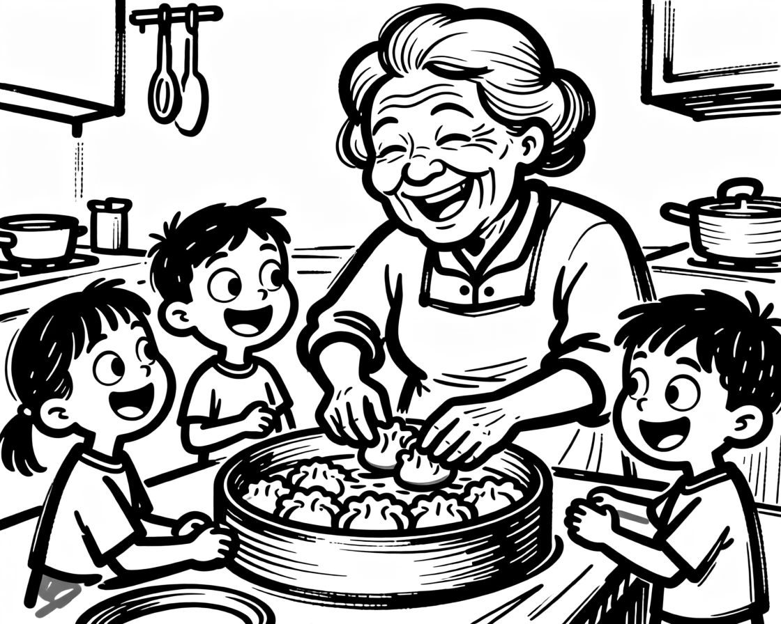 A grandmother hand-rolling dumplings alongside her grandchildren in a busy kitchen.