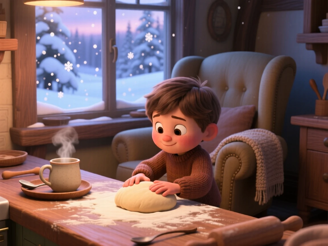 A young reader curled in an armchair sits in a window seat overlooking falling snow, kneading dough on a floured counter. A gentle nostalgia and calm settle over the scene, with steam rising from a nearby mug.