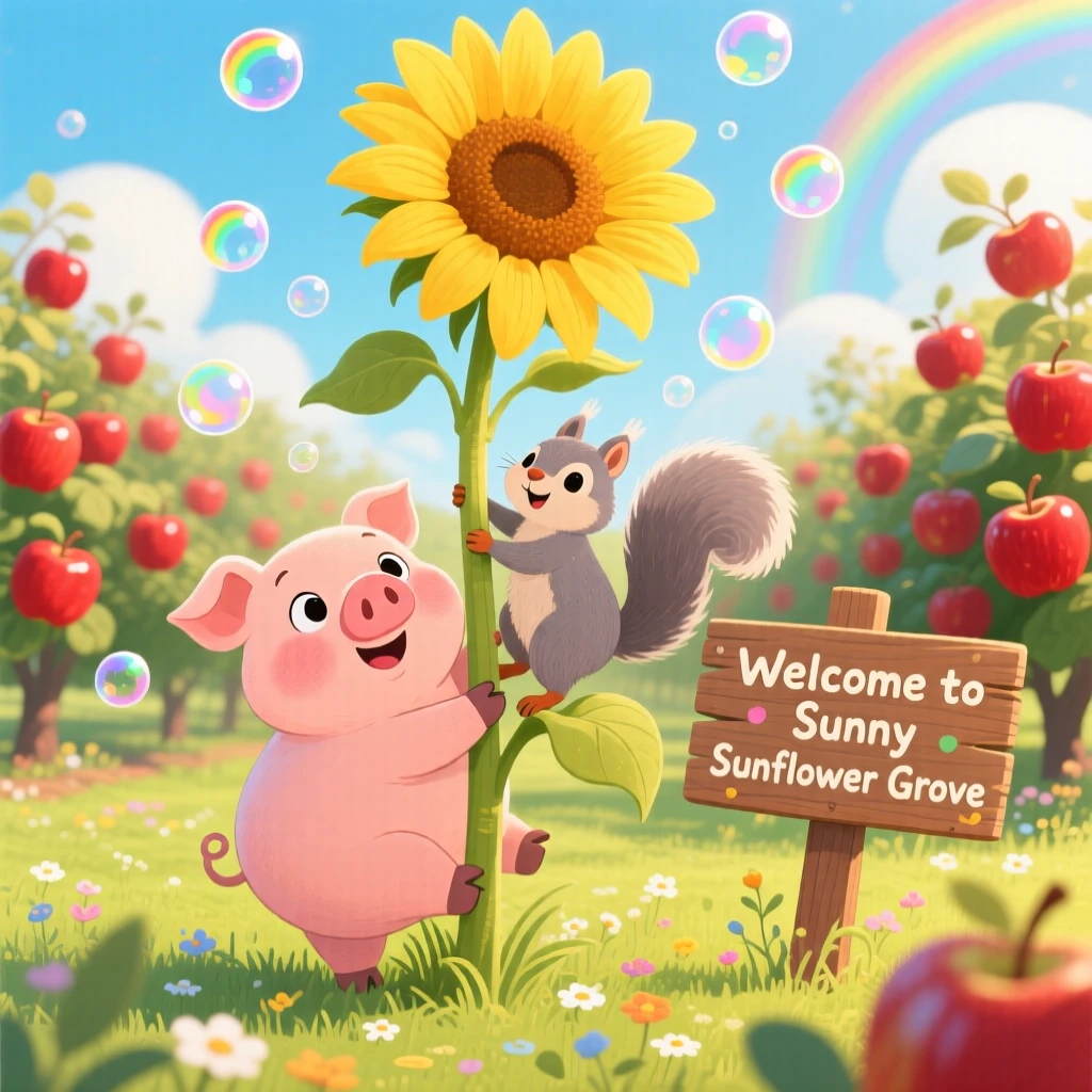 Near an apple orchard, a chubby piglet is climbing a giant sunflower stalk alongside a small woodland friend, as tiny bubbles float upward.