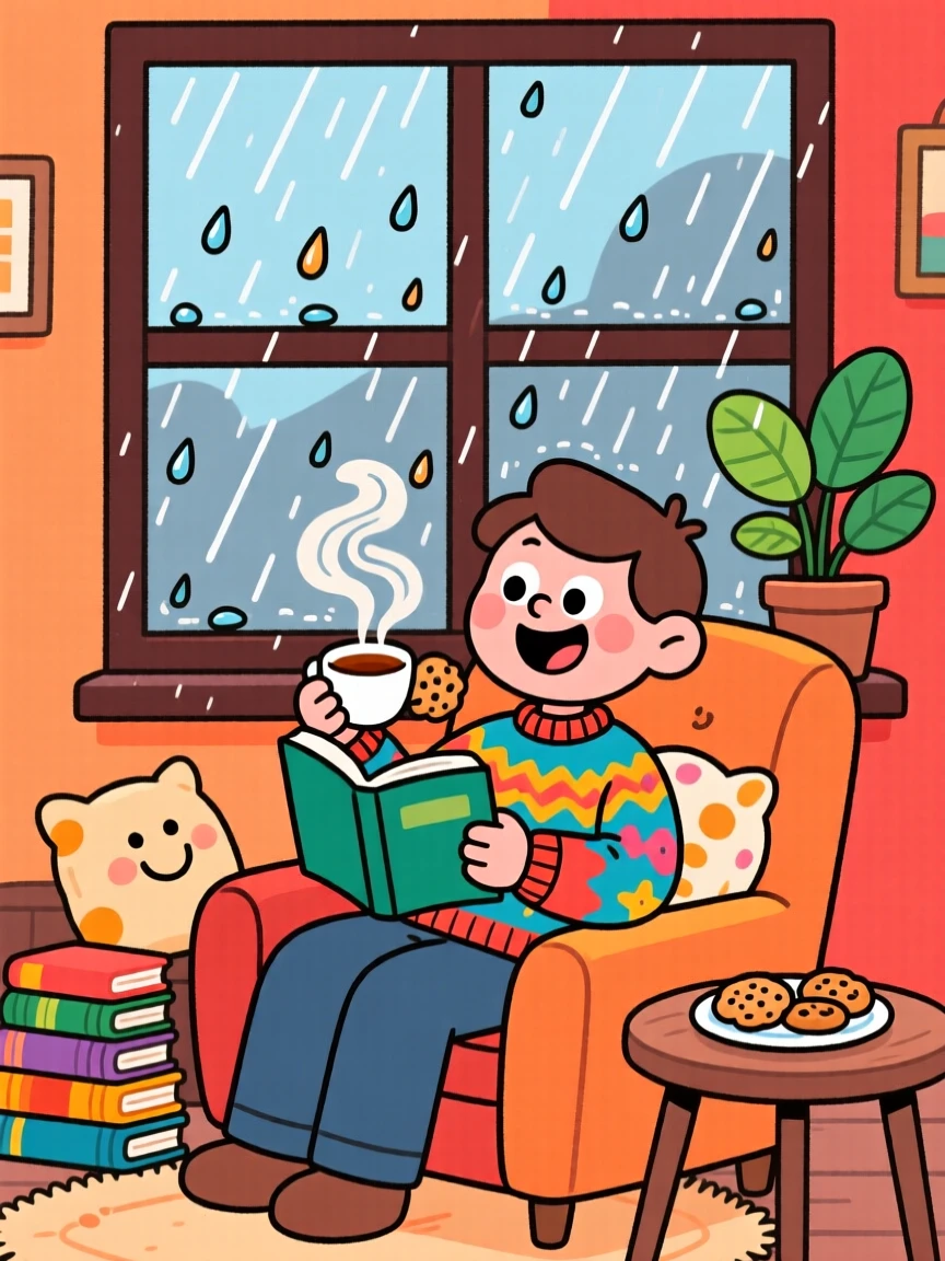 A reader enjoying tea and biscuits beside a rain-streaked window.