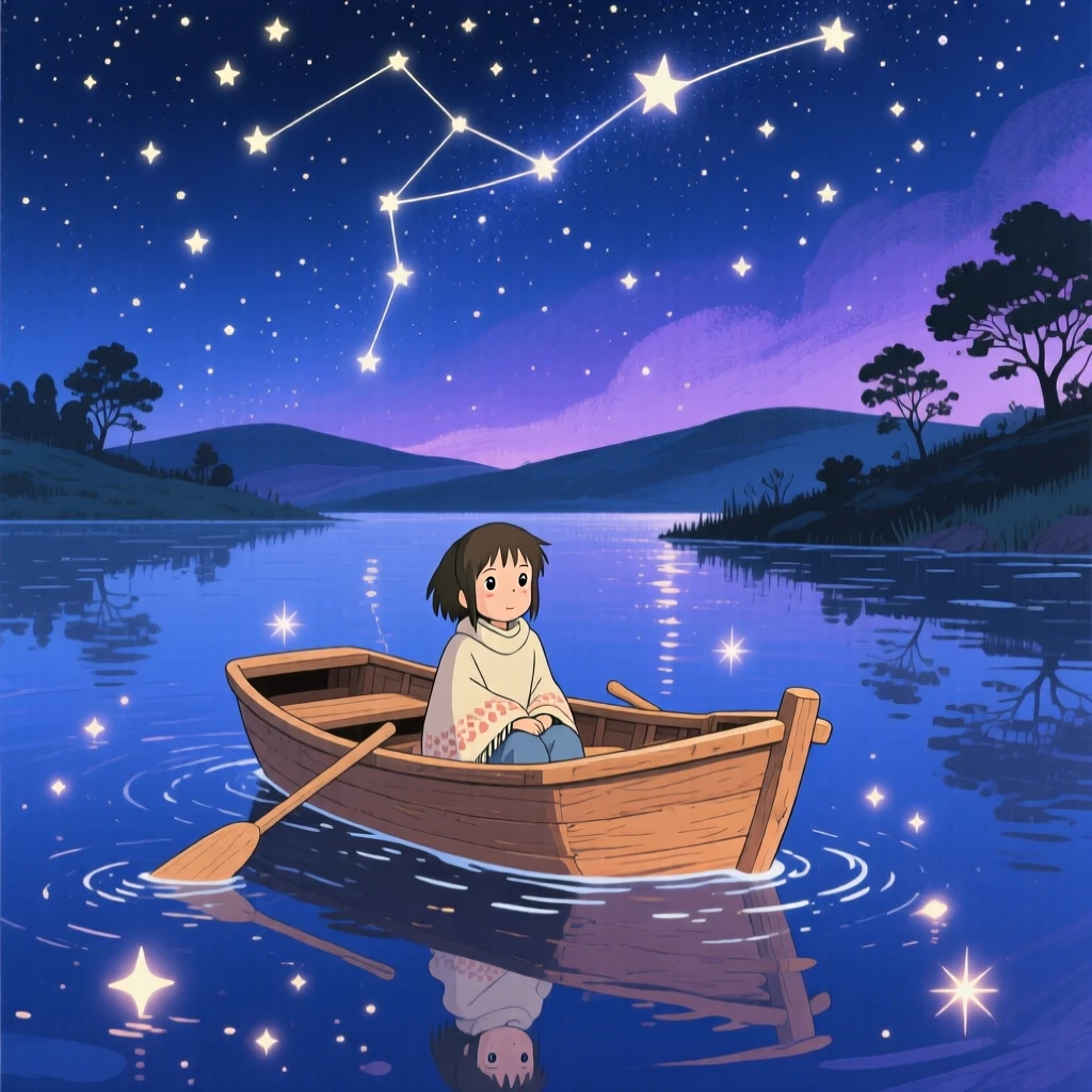 A nighttime scene of a small boat drifting beneath a sky full of stars, peacefully luminous.