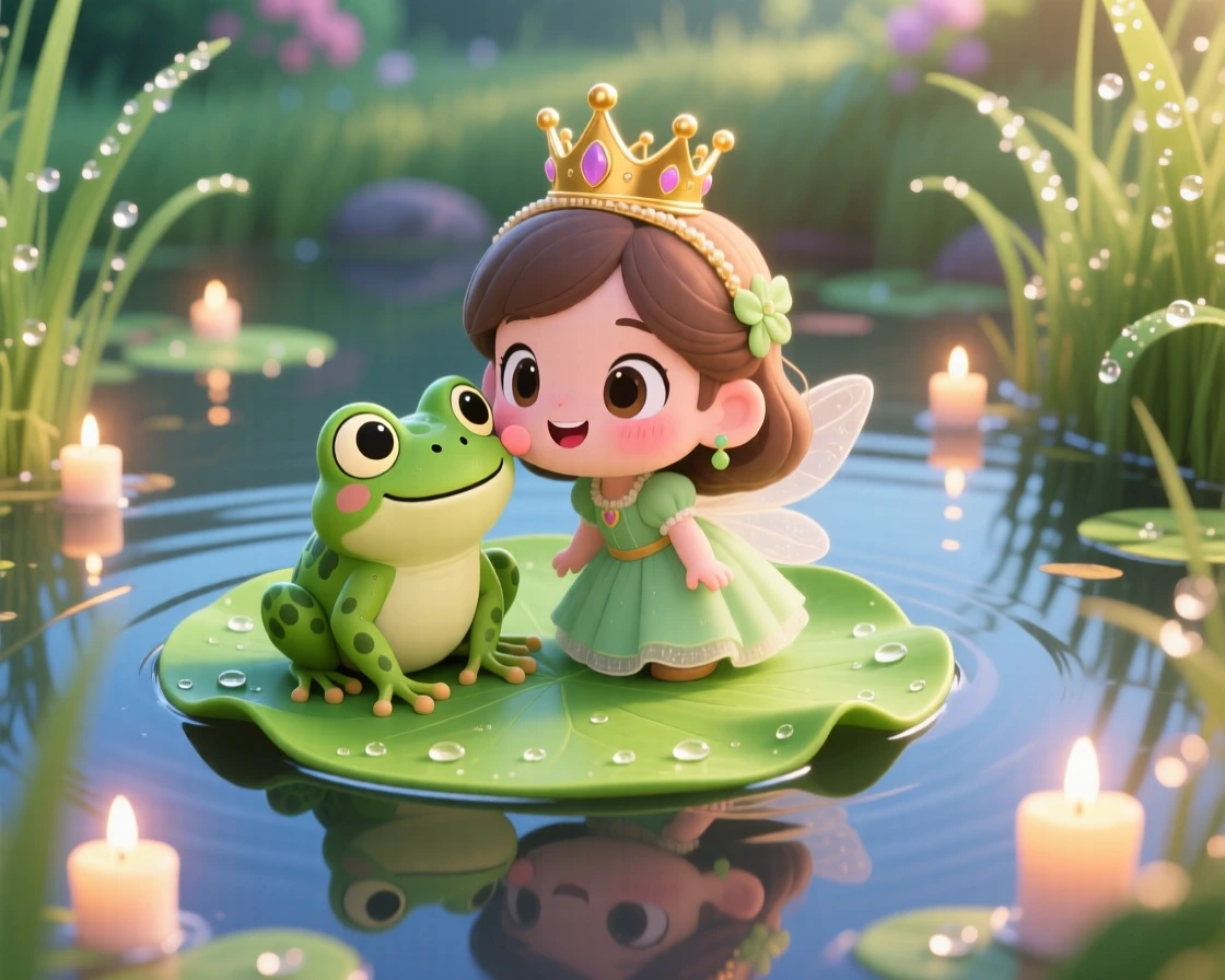 In a fairy-tale garden pond, a small princess is kissing a friendly frog on a lily pad as morning dew glistens on the grass, bathed in gentle candlelight, expression full of bubbly enthusiasm. Shot as a symmetrical front-on view.