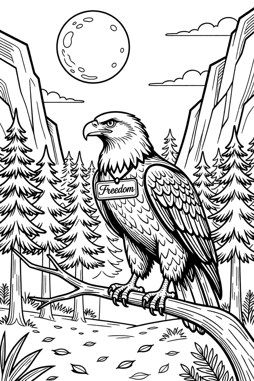 A bald eagle prowling through a moonlit forest, framed by jagged rock formations.