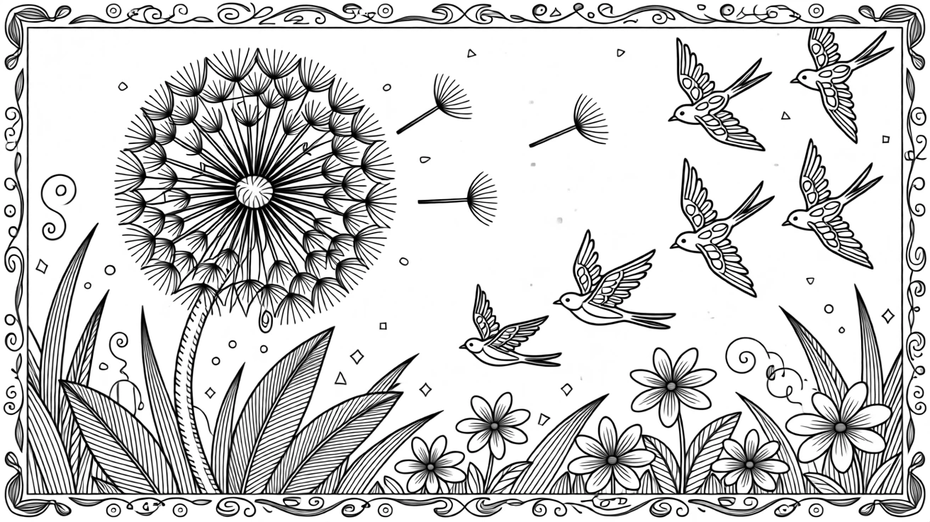 A single dandelion with seeds drifting away to form a flock of birds.