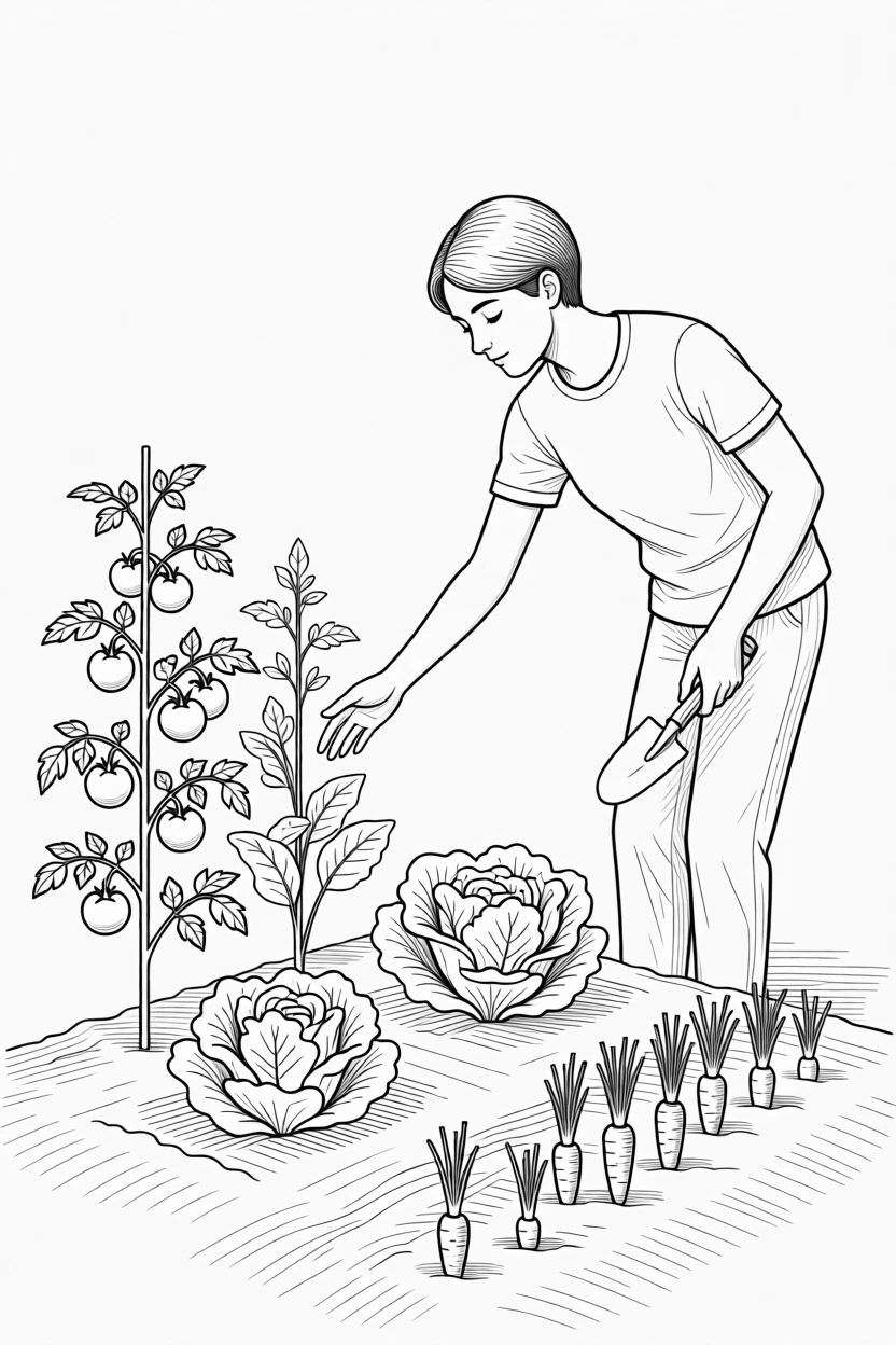 A person tending to a small vegetable garden