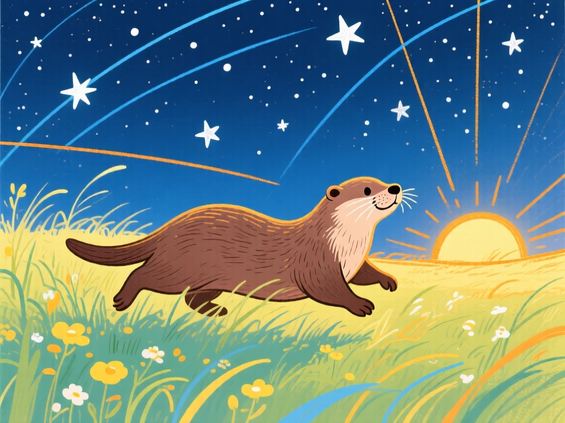A playful otter playing in a sunlit meadow under a clear starry sky.