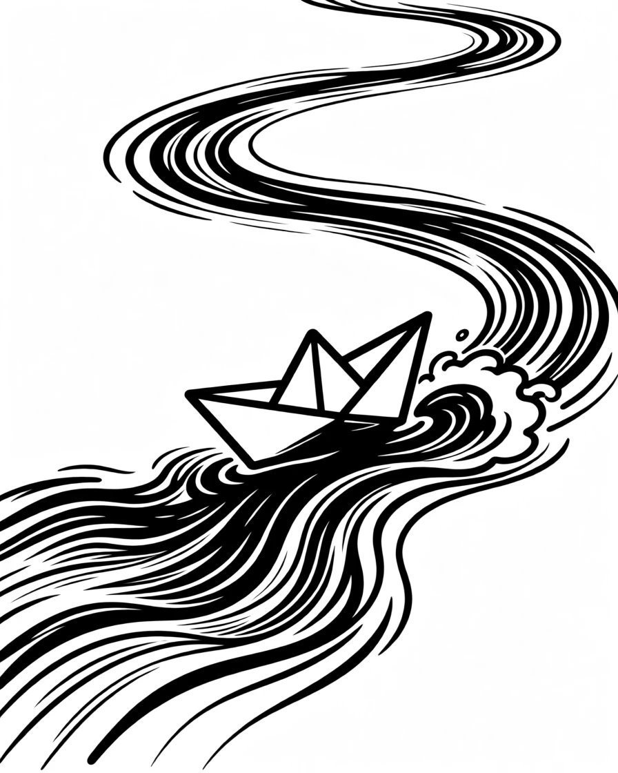 A single paper boat floating bravely down a rushing stream.