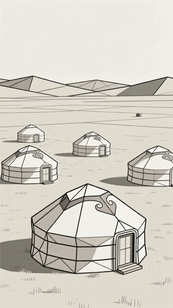 A traditional Mongolian ger camp on the open steppe