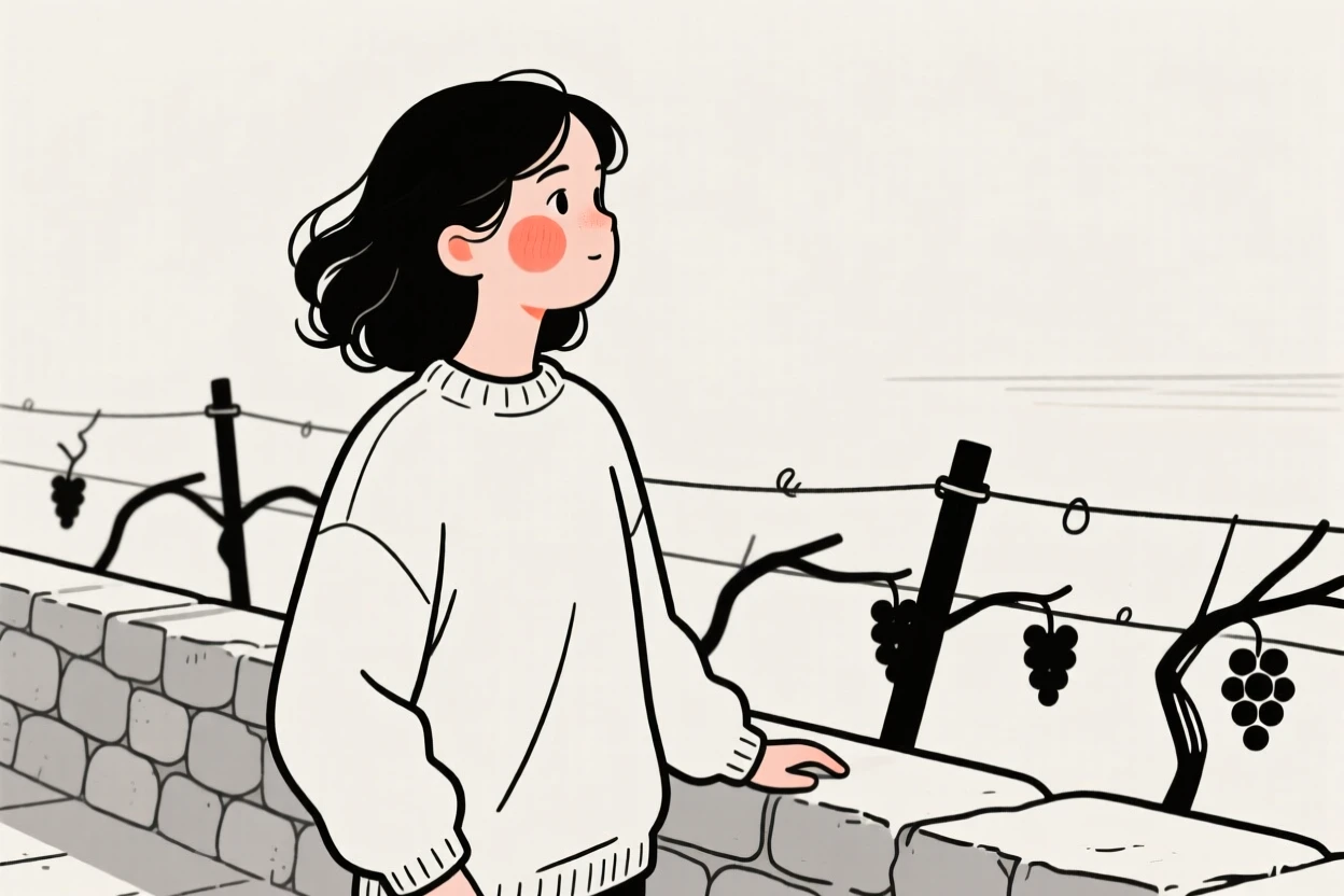 A teenage girl of Greek heritage in a cozy oversized sweater, looking hopeful toward the horizon, on a vineyard terrace.