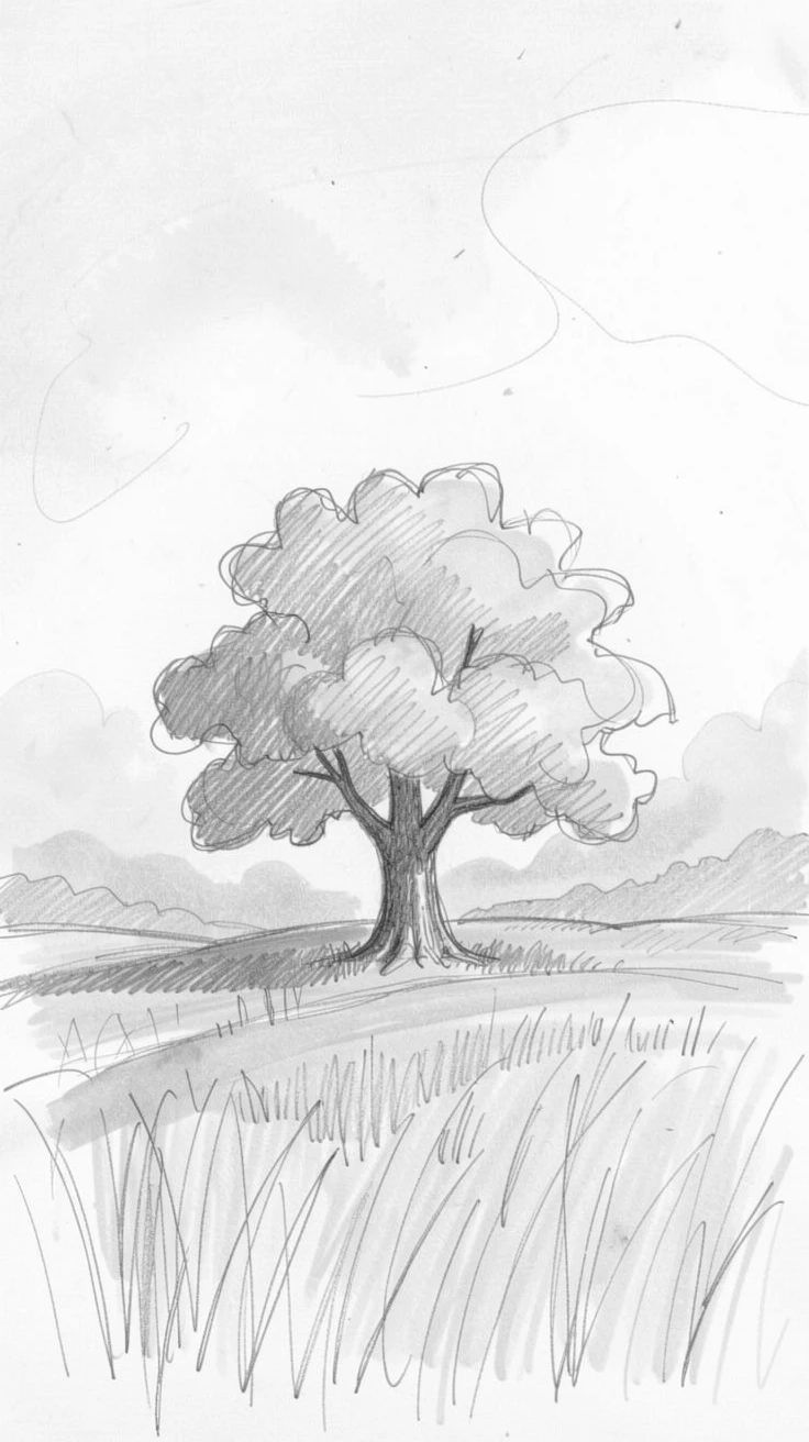 A serene, inspiring scene of a solitary tree standing in an open golden field, amid gentle morning mist, offering a feeling of quiet gratitude.