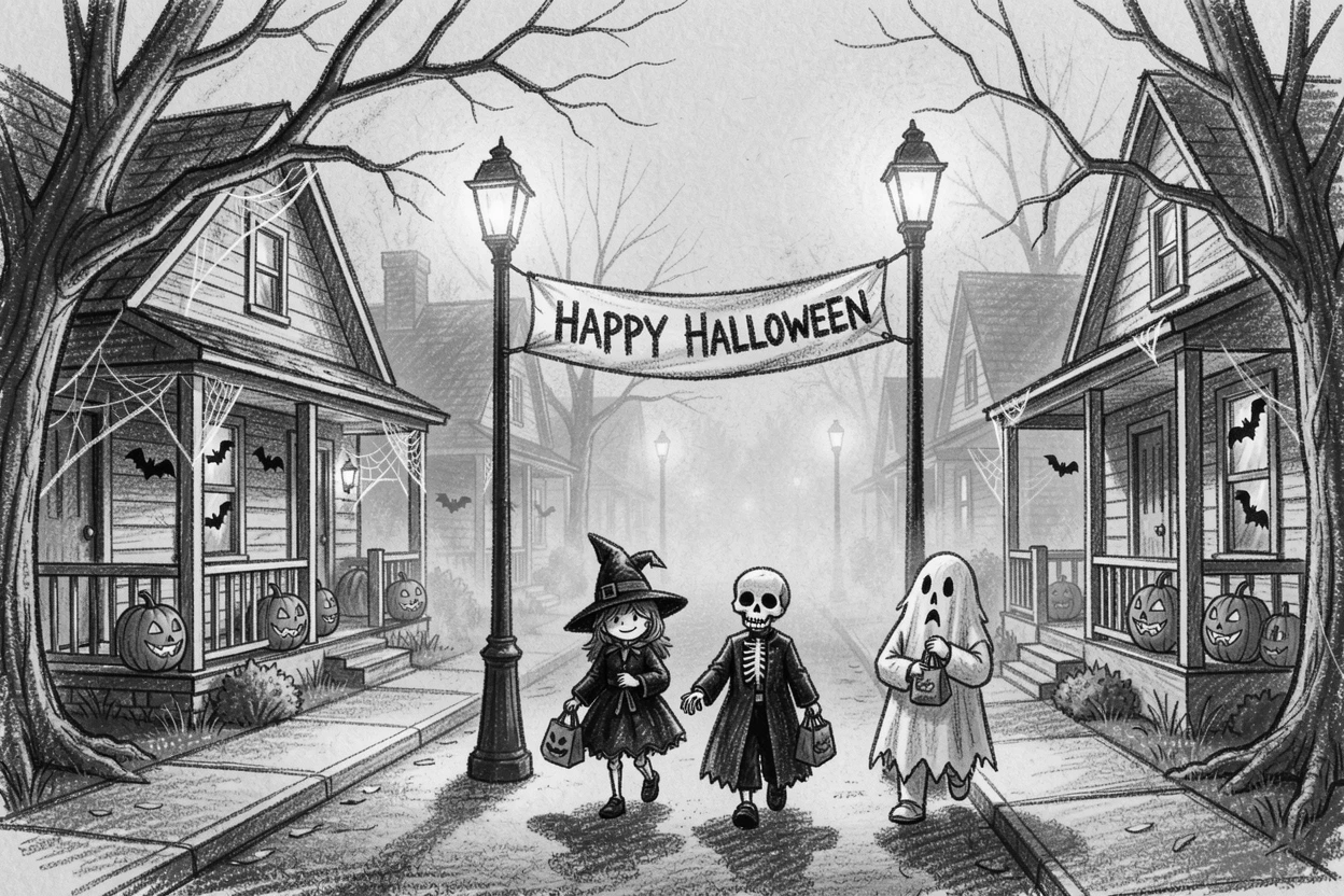A Halloween trick-or-treat scene on a decorated suburban street, with a gentle mist rolling through the background.