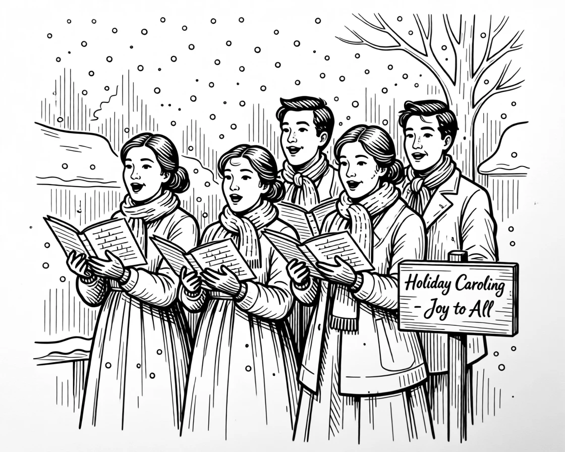 A festive winter holiday gathering with carolers singing beneath falling snow.