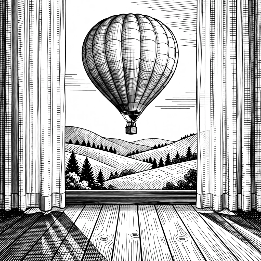 A hot air balloon drifting over a peaceful valley as morning light filters through gauzy curtains, with soft shadows stretching across worn wooden floors, evoking a calm and restorative sense of calm.