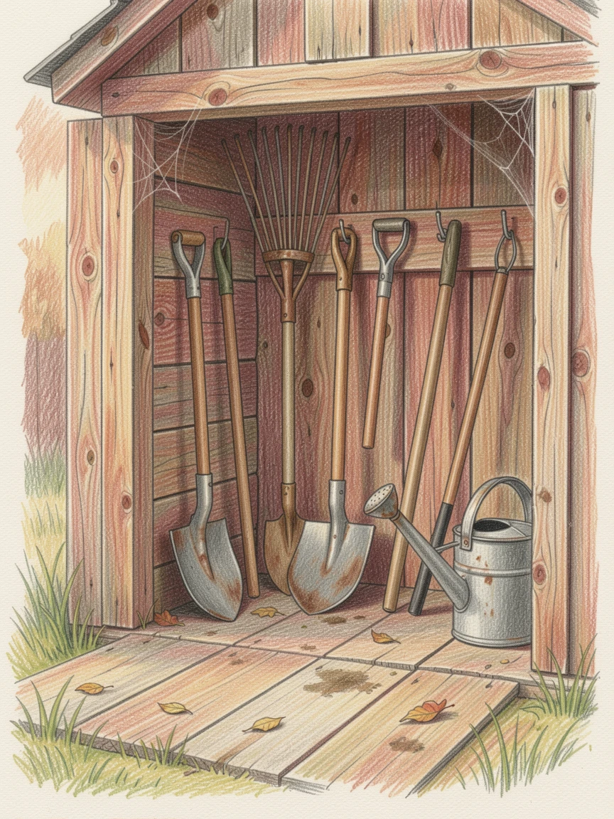A rustic countryside toolshed with garden tools neatly arranged, with rich, inviting textures throughout the scene, evoking nostalgia and a deep sense of contentment.