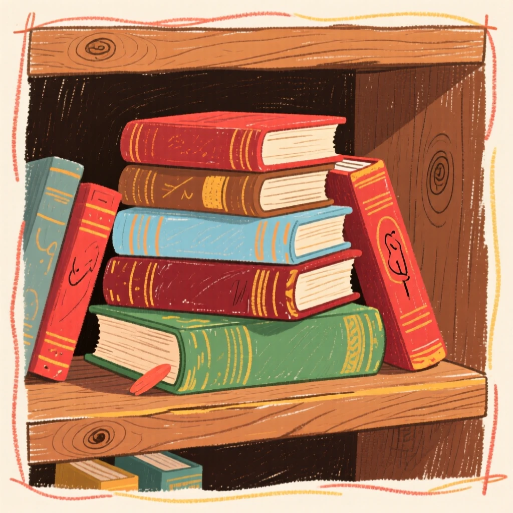 A stack of antique books displayed on an antique shelf.