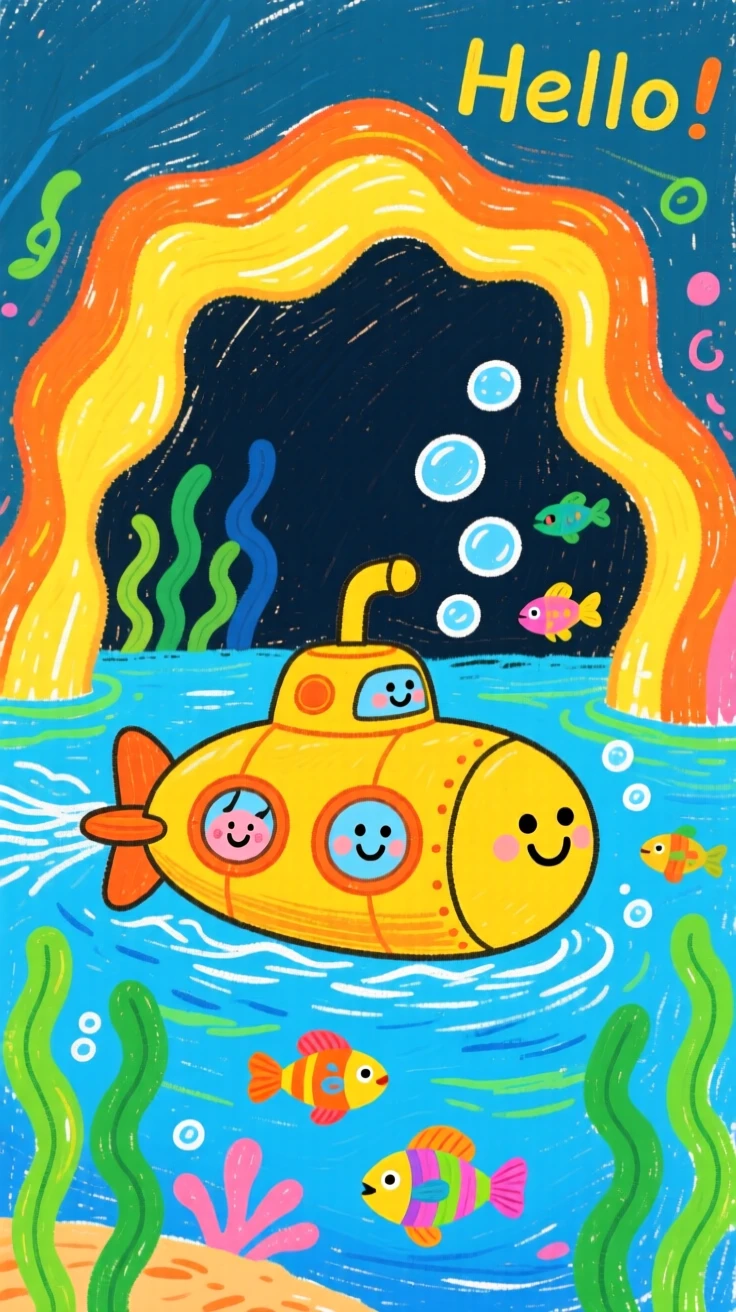 A submarine gliding past a glowing underwater cave.