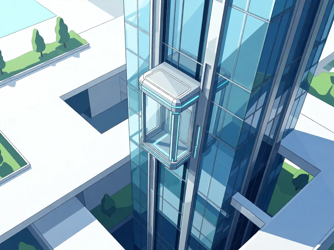 A futuristic elevator gliding up the side of a glass tower, surrounded by clean minimalist architecture, composed with layered depth suggesting advanced technology, with a subtle sense of wonder about future possibilities.