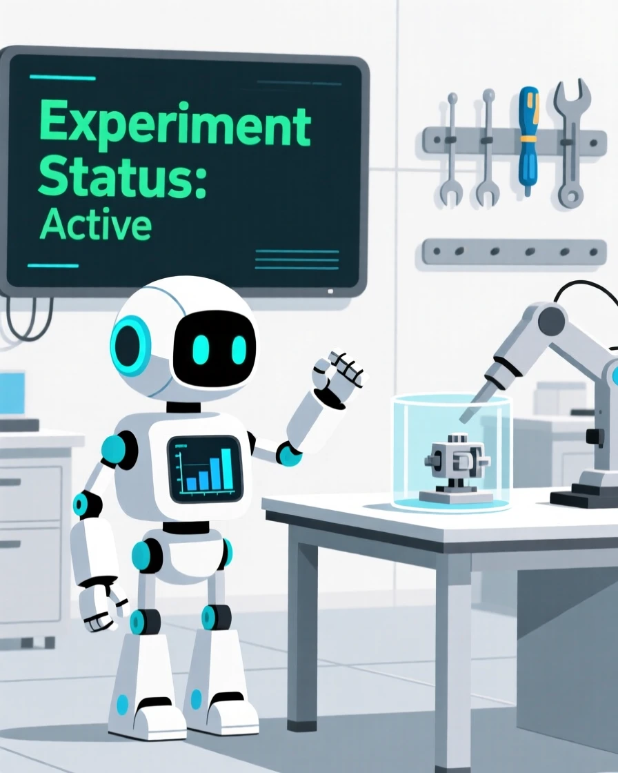 A small robot monitoring an experiment in a modern robotics workshop.