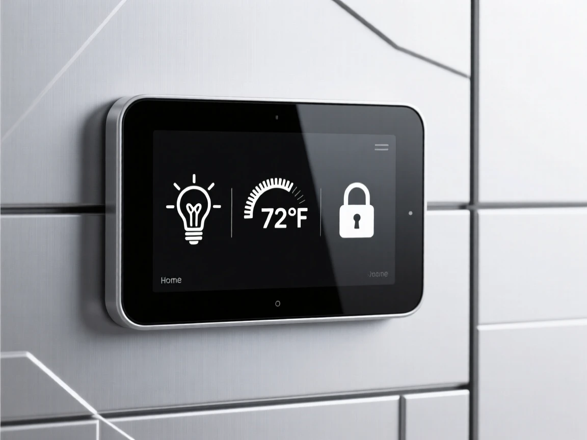 A sleek smart home control panel placed in a modern smart home, surrounded by sleek metallic surfaces, conveying futuristic optimism.