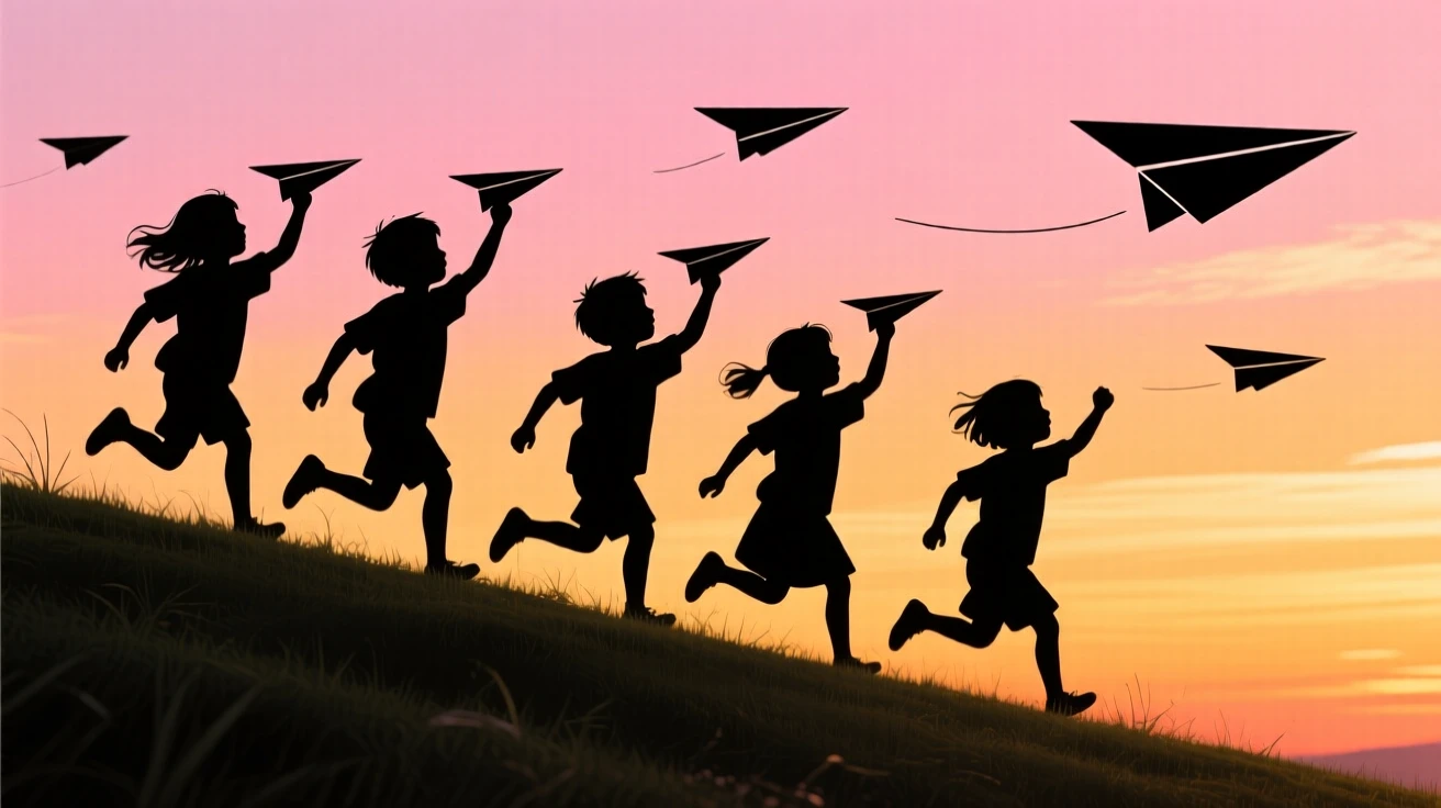 A group of children flying handmade paper airplanes off a hillside.