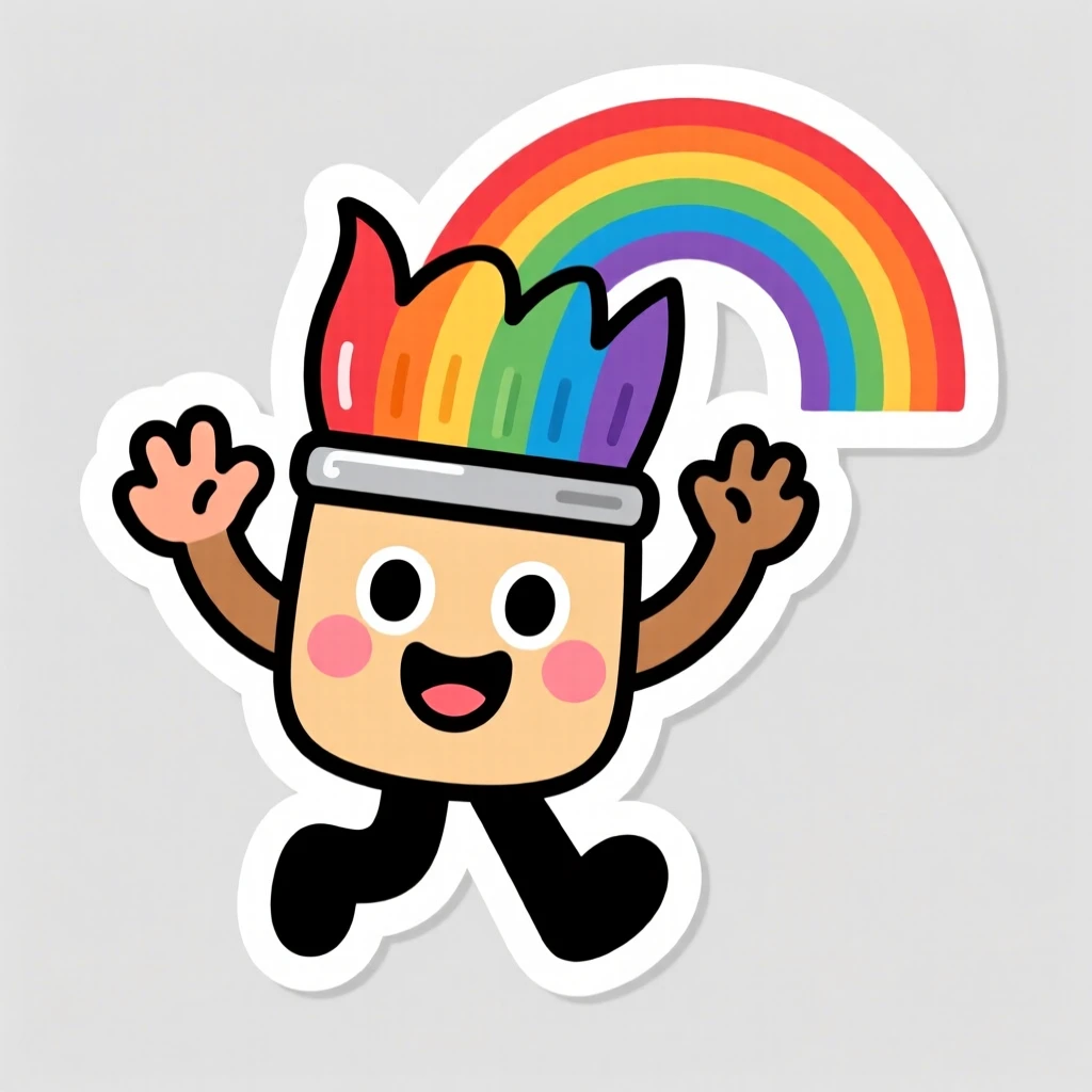 A cheerful and encouraging happy cartoon paintbrush painting a rainbow, waving hello with excitement, made for curious young minds.