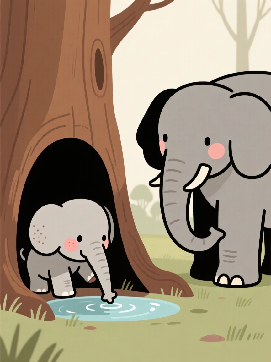 A baby elephant explores a hollow tree for the first time, testing the water with one paw while a nearby mother watches with gentle patience.